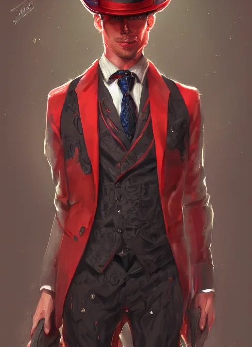 Prompt: a highly detailed illustration of stylish top hat wearing red haired man, wearing suit vest, flashily posing, intricate, elegant, highly detailed, centered, digital painting, artstation, concept art, smooth, sharp focus, league of legends concept art, WLOP