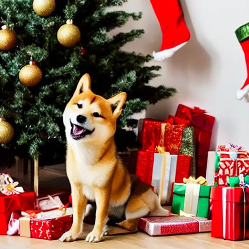 Prompt: an excited shiba inu dog unwrapping a pile of presents and gifts on the ground during christmas, warm themed