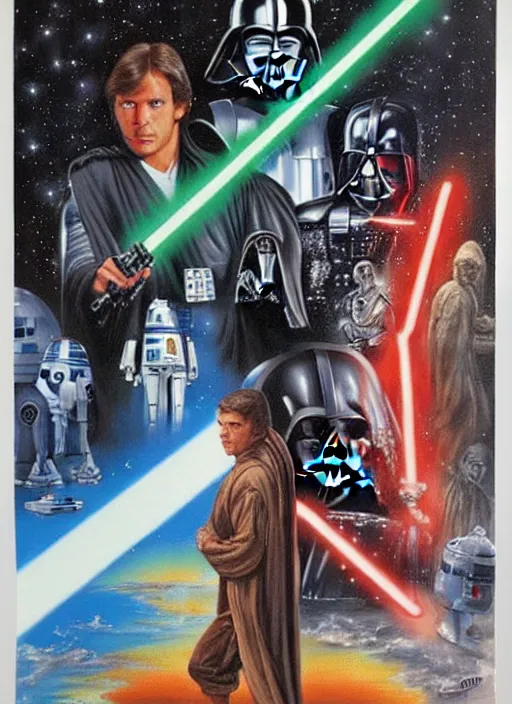 Prompt: 1 9 8 6 poster for star wars meets terminator. oil on canvas. print.