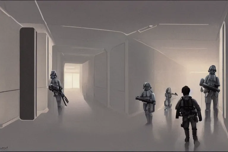 Prompt: ralph mcquarrie concept art, scene : int. death star - detention corridor, luke and leia crouch together in an alcove for protection as they continue to exchange fire with troops. han and chewbacca are barely able to keep the stormtroopers at bay at the far and of the hallway. the laserfire is very intense, and smoke fills the narrow cell corridor.