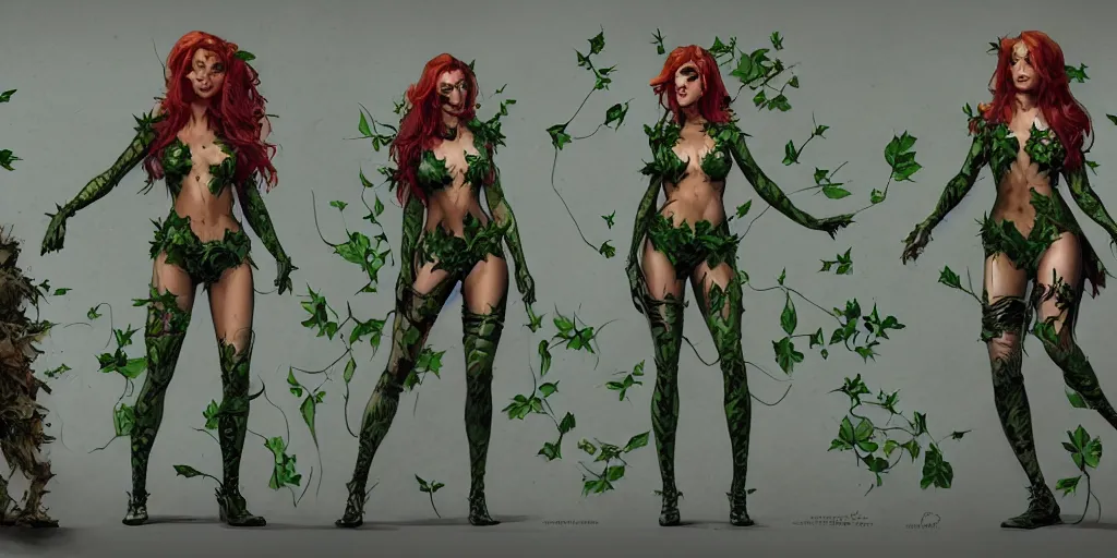 Image similar to ana de armas as poison ivy, character sheet, concept design, contrast, kim jung gi, greg rutkowski, zabrocki, karlkka, jayison devadas, trending on artstation, 8 k, ultra wide angle, pincushion lens effect