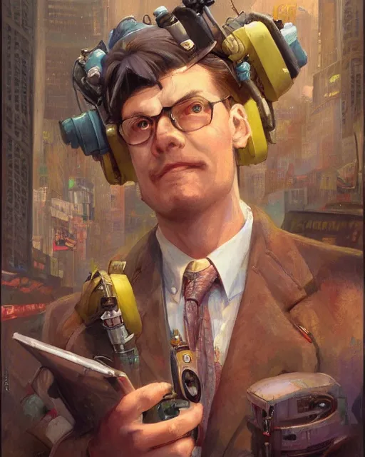 Image similar to beautiful portrait of a trader in the new york stock exchange, by paul lehr and mark kolobaev and artgerm, dieselpunk, realism, highly detailed, intricate, studio ghibli color scheme, masterpiece, portrait, face, handsome