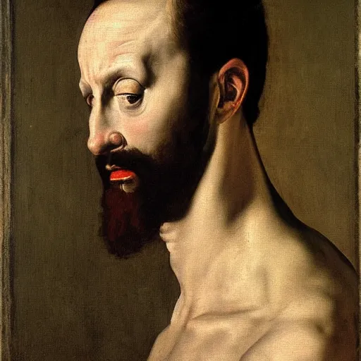 Image similar to Mannerism painting portrait of a scared man. Sadness, fear, and anxiety, by Agnolo Bronzino