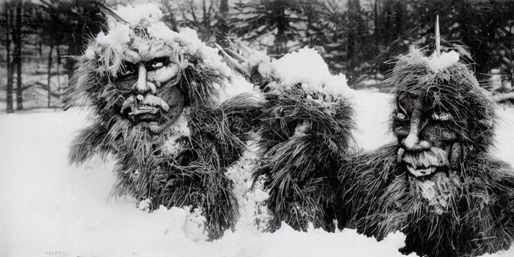 Image similar to 1 9 2 0 s photography of krampus hay monster burning on a pyre, submerged in snow