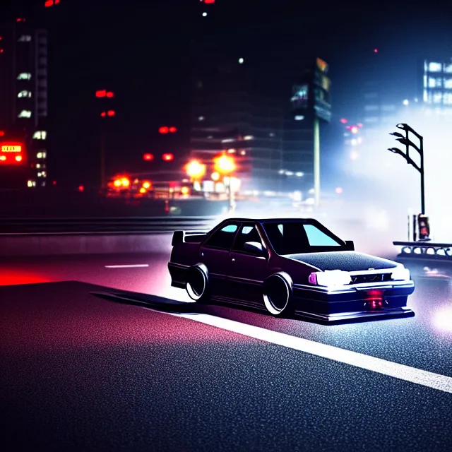 Prompt: a car JZX90 twin turbo drift spec in middle of road, Saitama prefecture, city midnight mist lights, cinematic lighting, photorealistic, highly detailed wheels, high detail