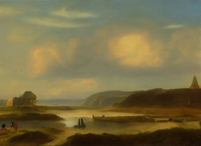 Prompt: texel, the netherlands in the style of hudson river school of art, oil on canvas