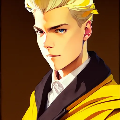 Image similar to blonde boy with yellow eyes wearing a brown cape, in the style of studio ghibli, j. c. leyendecker, greg rutkowski, artgerm