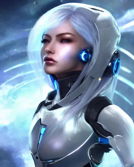 Image similar to perfect android girl on a mothership, warframe armor, beautiful face, scifi, futuristic, galaxy, nebula, raytracing, dreamy, long white hair, blue cyborg eyes, sharp focus, cinematic lighting, highly detailed, artstation, divine, by gauthier leblanc, kazuya takahashi, huifeng huang