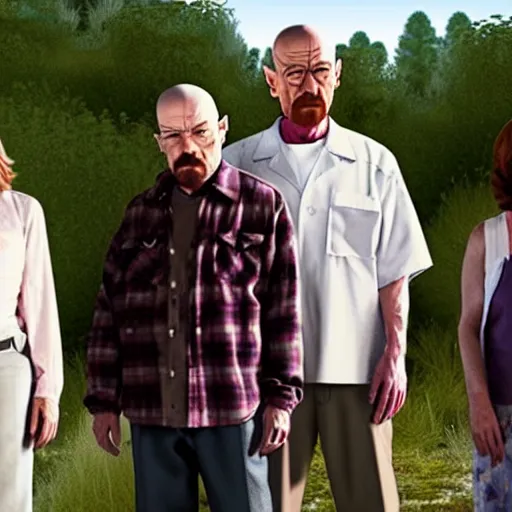 Image similar to a film still of walter white standing with his parents breaking bad, walter white's mother and father next to him in breaking bad, realistic, hyperrealistic, ultra realistic, real, real world, highly detailed, very detailed, extremely detailed, intricate details, 8 k resolution, hd quality, film still