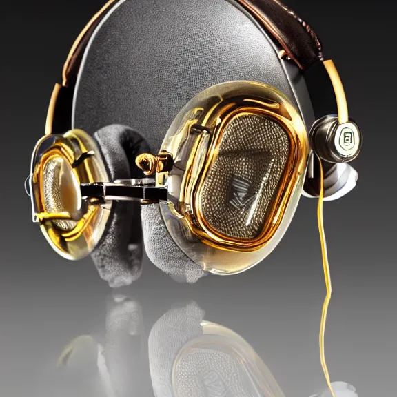Prompt: masterpiece photo of beautiful hand crafted artistic detailed transparent headphones, bismuth metal, electronics see through, plush leather pad, modernist headphones, bismuth beautiful well designed, hyperrealistic, audiophile, intricate hyper detail, extreme high quality, photographic, audeze, sennheiser, raal, bang olufsen, abyssal