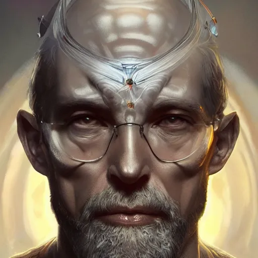 Prompt: portrait of the god of science and technology, upper body, D&D, intricate, cinematic lighting, highly detailed, digital painting, artstation, concept art, smooth, sharp focus, illustration, art by Artgerm and Greg Rutkowski