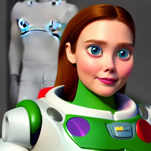 Image similar to elizabeth olsen as buzz lightyear, elizabeth olsen in buzz lightyear attire, artstation 3 d, artstation render, artstation 3 d render, 3 d art, unreal engine 3 d, octane 3 d, blender 3 d