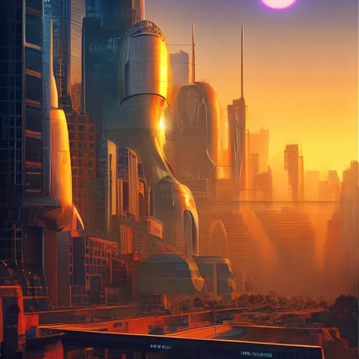 Image similar to sentient ai robotic all knowing being designed by jony ive in cybercity, golden hour, poster by michael whelan and gilbert williams and evgeny lushpin and artgerm and alena aenami, 3 0 mm, well proportioned, highly detailed, rule of thirds, long exposure