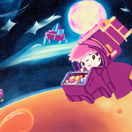 Image similar to Howl's Moving Candy Castle In Space With Flying Pigs, trending on pixiv