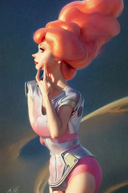 Image similar to retro racer princess peach as aeon flux profile picture by Margaret Keane, dynamic pose, intricate, futuristic, fantasy, elegant, by Stanley Artgerm Lau, greg rutkowski, thomas kindkade, alphonse mucha, loish, norman Rockwell,