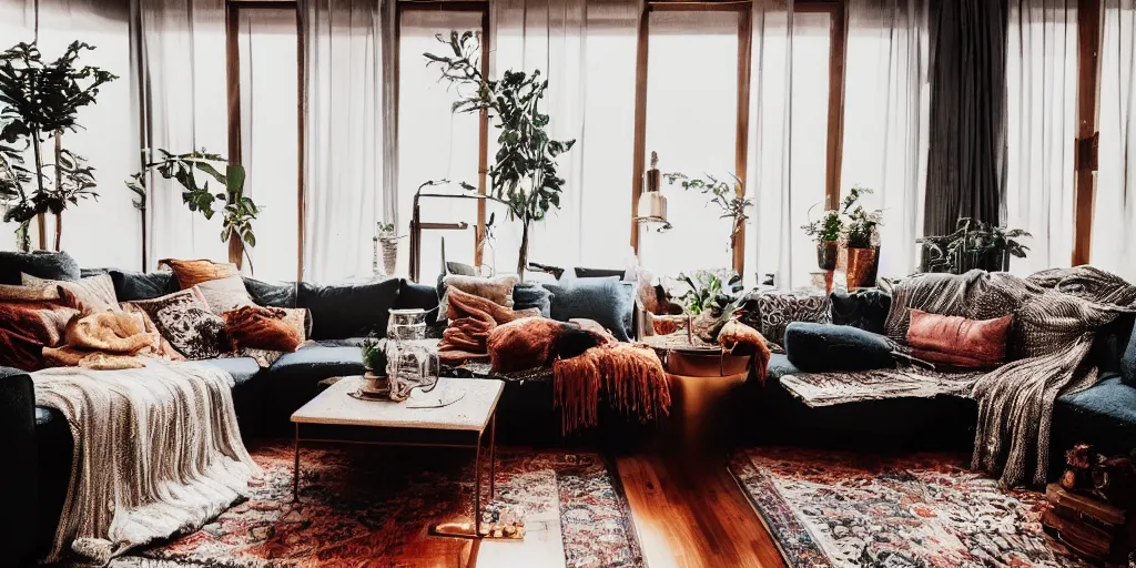 Prompt: insanely detailed wide angle photograph, atmospheric, award winning interior design living room, cat, dusk, cozy and calm, fabrics and textiles, colorful accents, brass, copper, secluded, many light sources, lamps, hardwood floors, book shelf, couch, desk, balcony door, plants