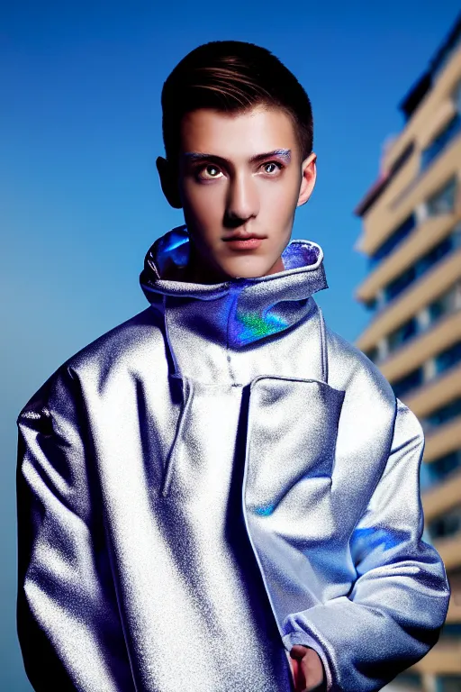 Image similar to un ultra high definition studio quality photographic art portrait of a young man standing on the rooftop of a british apartment building wearing soft baggy inflatable padded silver iridescent pearlescent clothing. three point light. extremely detailed. golden ratio, ray tracing, volumetric light, shallow depth of field. set dressed.