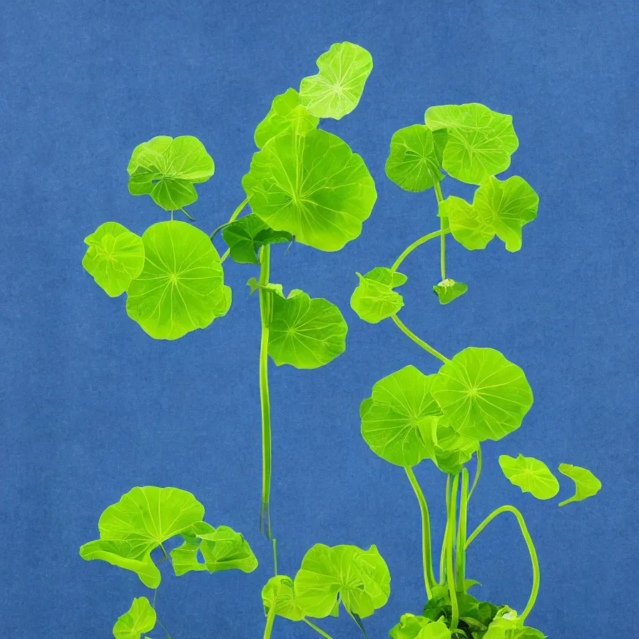 Prompt: surrealist supernatural nasturtium plant, indigo background and cool vibes