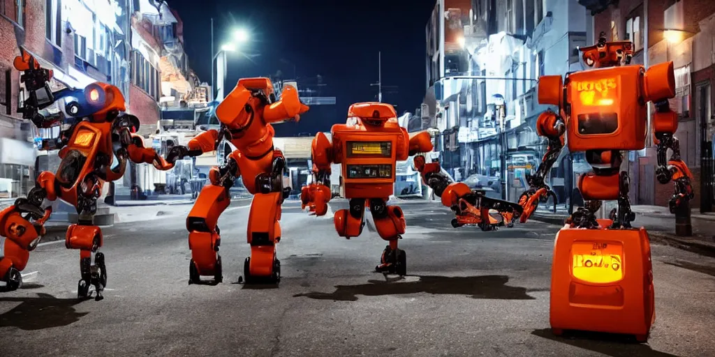 Image similar to two robots with chainsaw arms fighting in downtown at night
