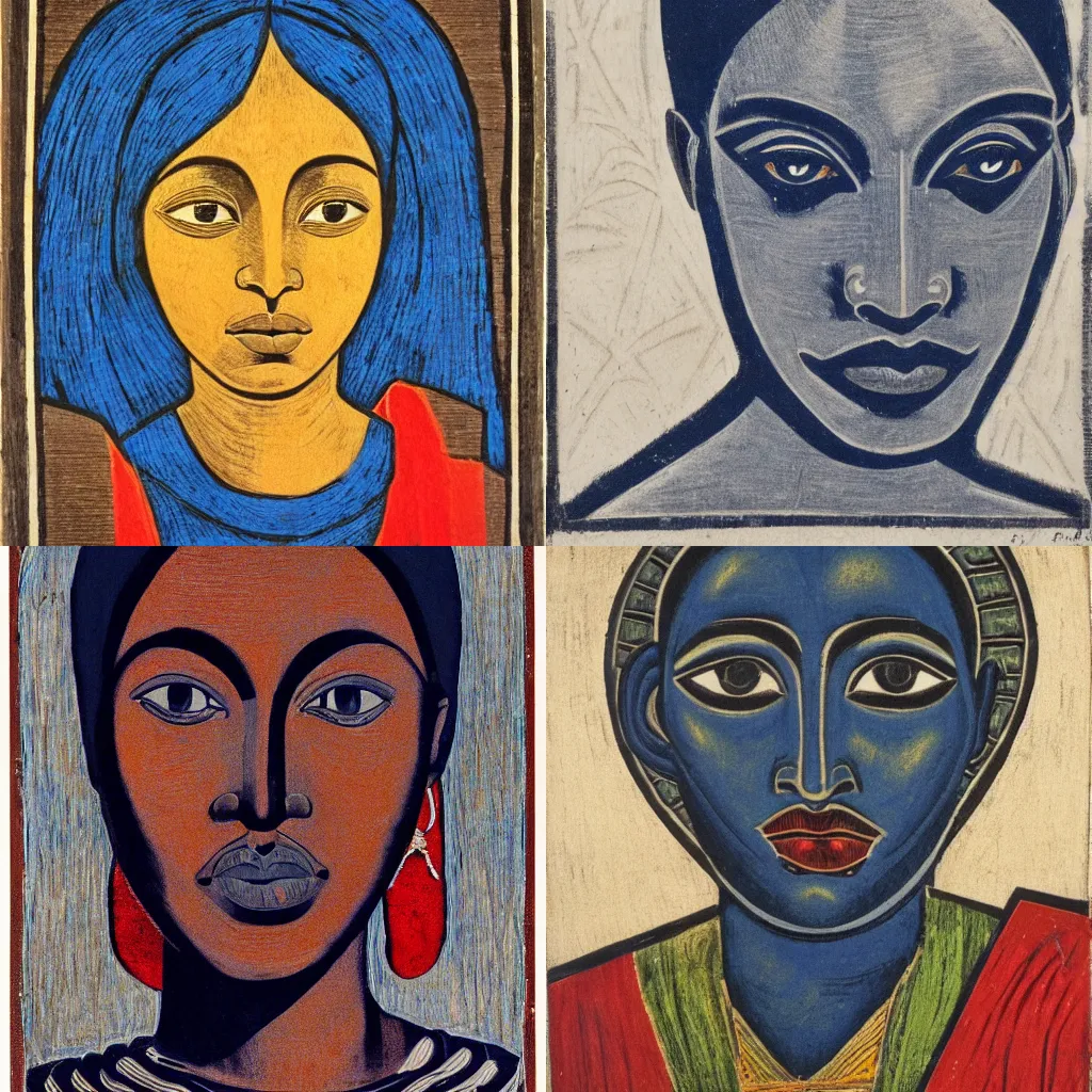 Prompt: portrait, ethiopian realism, woodcut, art nouveau ( 1 9 2 2 ), pyrrol scarlet, titanium white, phthalo blue, stathmore 4 0 0, 3 5 mm, f 3 2, grisaille, luminous