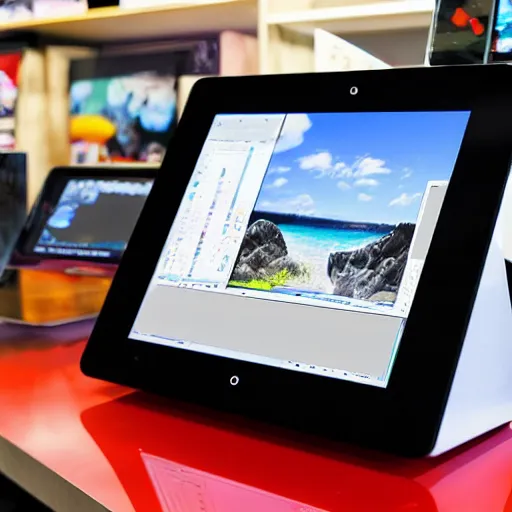 Prompt: a store display of a graphic tablet, ultrarealistic