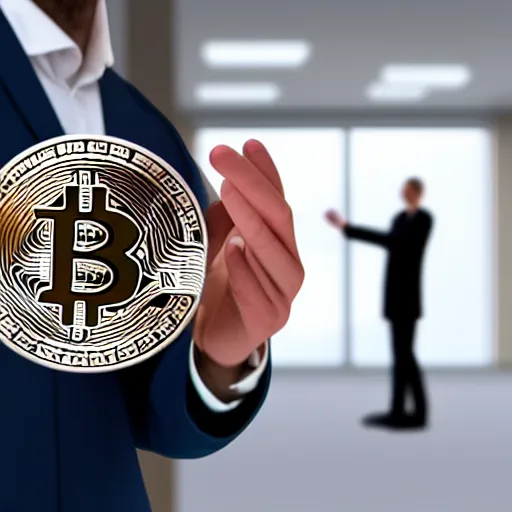 Image similar to beautiful realistic futuristic world, man in office waving goodbye to people, cryptocurrency background