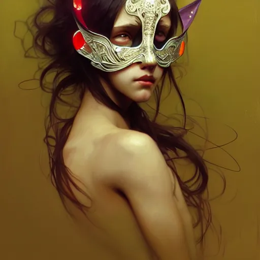 Image similar to A girl wearing a rave mask, face, detailed, intricate, elegant, highly detailed, digital painting, artstation, concept art, smooth, sharp focus, illustration, art by Krenz Cushart and Artem Demura and alphonse mucha