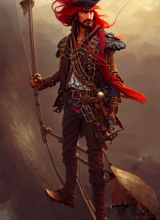 Image similar to upper body shot of male pirate, D&D, handsome, fantasy, intricate, long hair, steampunk airship in backdrop, steampunk, red hair, elegant, highly detailed, digital painting, artstation, concept art, smooth, sharp focus, illustration, art by artgerm and greg rutkowski and alphonse mucha