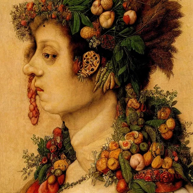 Prompt: a beautiful profile portrait of a beautiful female, leaves, by giuseppe arcimboldo.