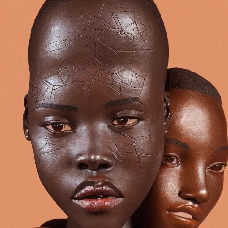 Prompt: monumental sculpture geometric minimalist!!! portrait of a lupita nyong'o, beautiful symmetrical face accurate face detailed face realistic proportions, hand - carved out of red oak wood on a pedestal by stephan balkenhol and martin puryear and, dramatic lighting shocking detail trending on artstation 8 k