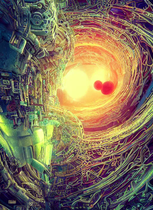 Image similar to a machine god in the machine universe encounters a living being organic cosmos inside an asymmetric orthogonal non - euclidean upside down inside out world with an infinite cosmic spiral waterfall of living information, inspired by android jones and beeple, hyperrealistic, extreme detail, digital art, concept art, rendered in cinema 4 d, cryengine 8 k