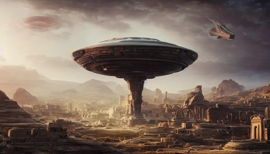 Image similar to a giant alien ufo high tech spaceship eerily hovering on nineveh on mesopotamia city landscape with beautiful shrines by greg rutkowski, artgerm, ross tran, magali villeneuve, intricate, time travel theme, audince in awe, spectacle, audience sorrounding, award winning, octane render, masterpiece, 8 k, beautiful