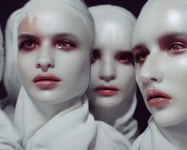 Image similar to a film still of three synthetic female human oracles wrapped in white cloth, beautiful, tribal facepaint, neotokyo, cinematic lighting, high resolution, 4 k