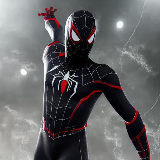 Image similar to black spider - man suit with white web lining, cinematic, volumetric lighting, realistic, hyperdetailed, photorealistic, photograph