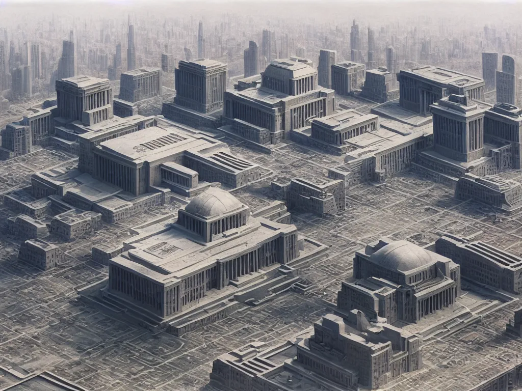 Image similar to matte painting by fan wennan. future capitol of the american communist party shining in the sun after the triumph of socialism in america, hyperdetailed, cinematic, photorealistic, hyperrealism, masterpiece, future communist governmental architecture, statue, imposing, strength, abundance. aerial view. america 2 0 9 8