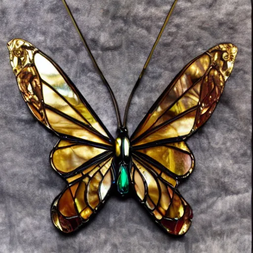 Prompt: a steampunk style butterfly with wings made from translucent stained glass and a delicate gold polished metal frame