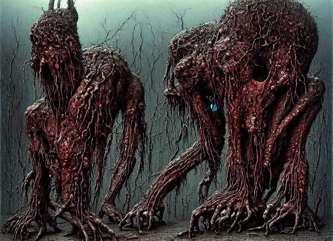 Image similar to Giant fanged limb monster walks in the road. Drops of blood and meat with veins. There are dead bodies on the road. Dark colors, high detail, hyperrealism, horror art, intricate details, masterpiece, biopunk, body-horror, art by Beksinski, Giger