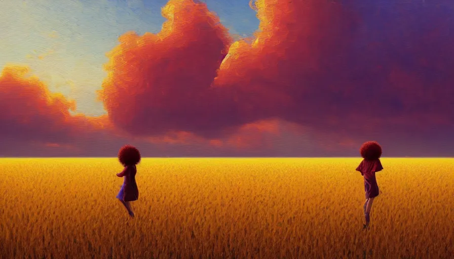 Image similar to giant red carnation afro head, full body, full body, girl walking in a wheat field, surreal photography, hills, sunrise dramatic light, impressionist painting, colorful clouds, digital painting, pointillism, artstation, simon stalenhag