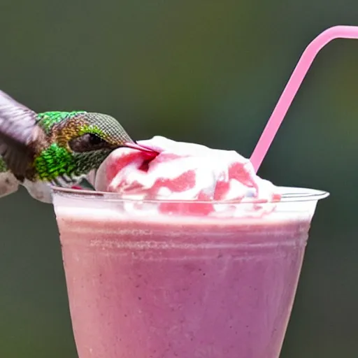 Prompt: photograph, a hummingbird drinking a milkshake from a straw, cherry on top