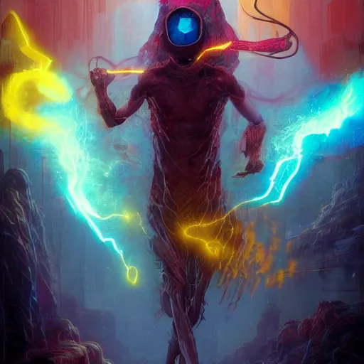 Image similar to medium shot of a ghostly transparent yellow lightning elemental humanoid with red and blue goggles shooting lightning bolt, cyberpunk concept art by pete mohrbacher and seb mckinnon and beksinski and josan gonzales, digital art, highly detailed, intricate, sci-fi, sharp focus, Trending on Artstation HQ, deviantart, unreal engine 5, 4K UHD image