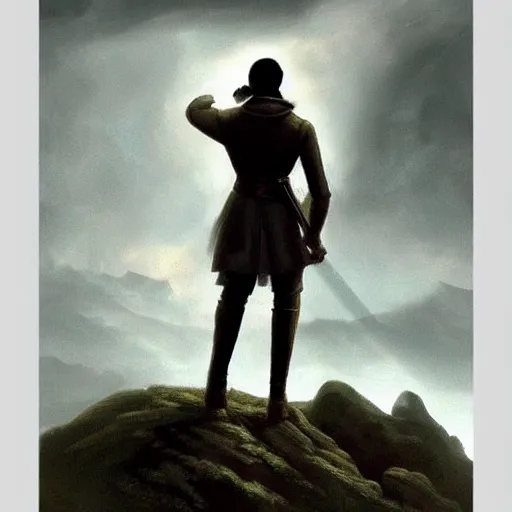 Image similar to dark-skinned man standing tall on a cliff fog clouds clothed in military uniform holding sword in the style of CASPAR DAVID FRIEDRICH techno atmosphere colourful beautiful image, brush strokes, pastel, artstation deviantart acrylic