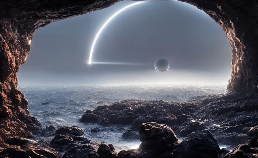 Image similar to giant glowing ufo, directed by charlie kaufman ( 2 0 0 1 ) anamorphic lenses, a rocky shore in the foreground, foggy volumetric light morning, a beam of light from the heavens, cinematic trending on artstation in the style of greg rutkowski