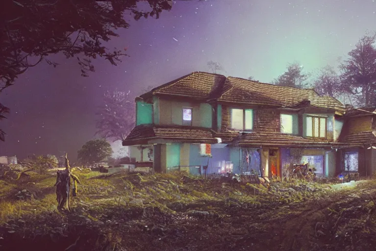 Image similar to cyberpunk, an estate agent listing external photo of a 5 bedroom detached house in the countryside, by Paul Lehr, highly detailed, photorealistic, 8k, anamorphic, cinestill cinematrography