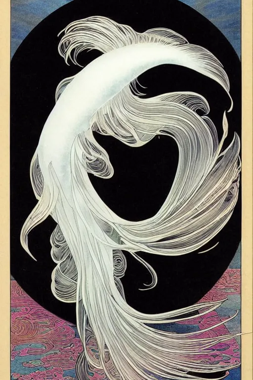 Prompt: a graceful iridescent white betta fish with long swirling fins, black-water-background, traditional Chinese painting, artstation, alphonse-mucha