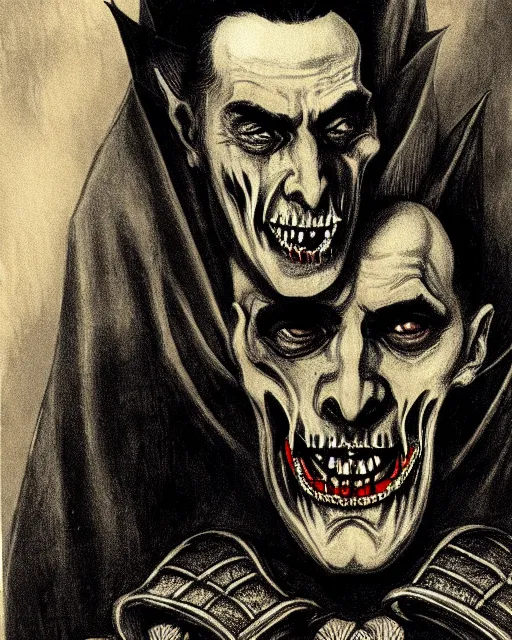 Image similar to dracula, character portrait, close up, concept art, intricate details, highly detailed by otto dix