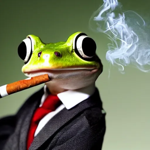 Image similar to a high detail closeup shot of a frog wearing a suit 👔,and smoking a cigarrette🚬