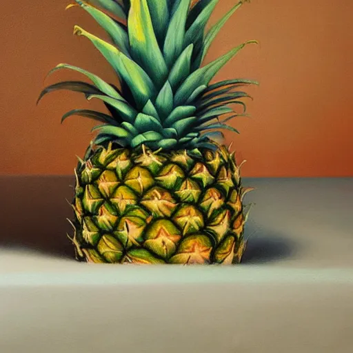 Prompt: A beautiful still life oil painting of a pineapple lying on a silk cloth, fog, volumetric lighting, summer, hyperrealistic, hyperdetailed.