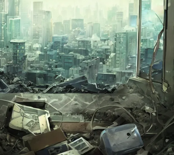 Image similar to an iPhone smartphone in the rubble, ruins. Anime, Makoto Shinkai