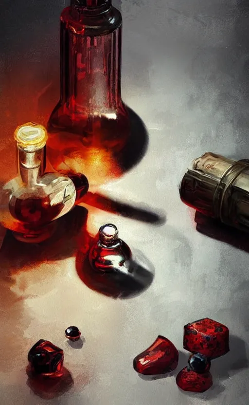 Image similar to a beautiful painting illustration of a stylized health potion on a wooden table, scratched vial, high contrast, crimson, by greg rutkowski, featured on artstation, rpg item