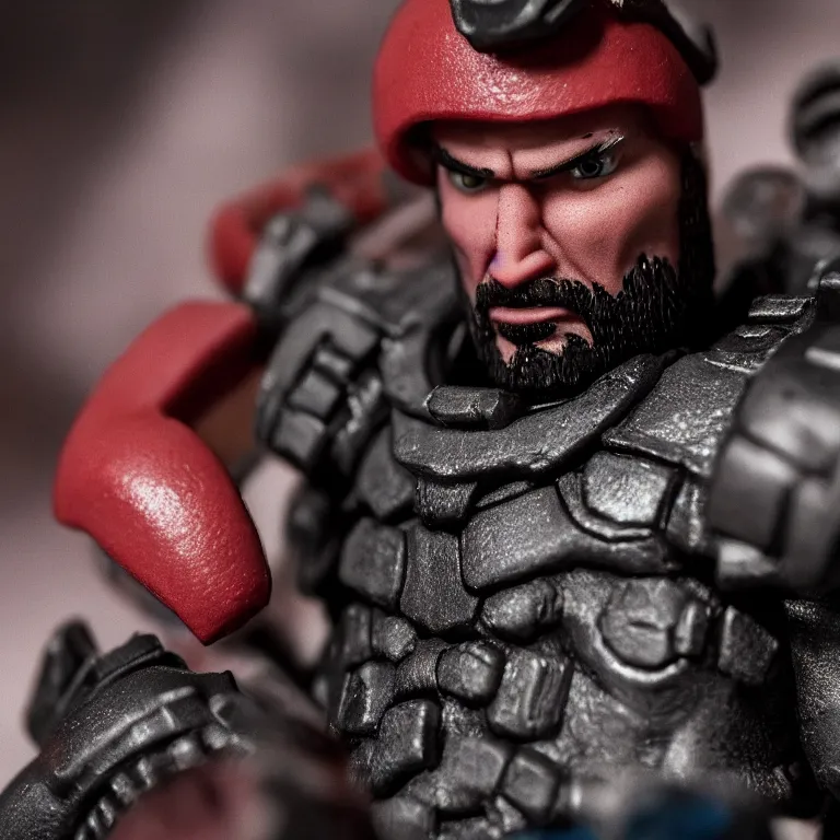 Image similar to a cinematic film still of a claymation stop motion film starring marcus fenix, shallow depth of field, 8 0 mm, f 1. 8